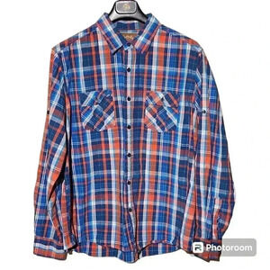 Red Camel Button Up Shirt Mens XL Long Sleeve Blue Plaid Cotton Casual Western